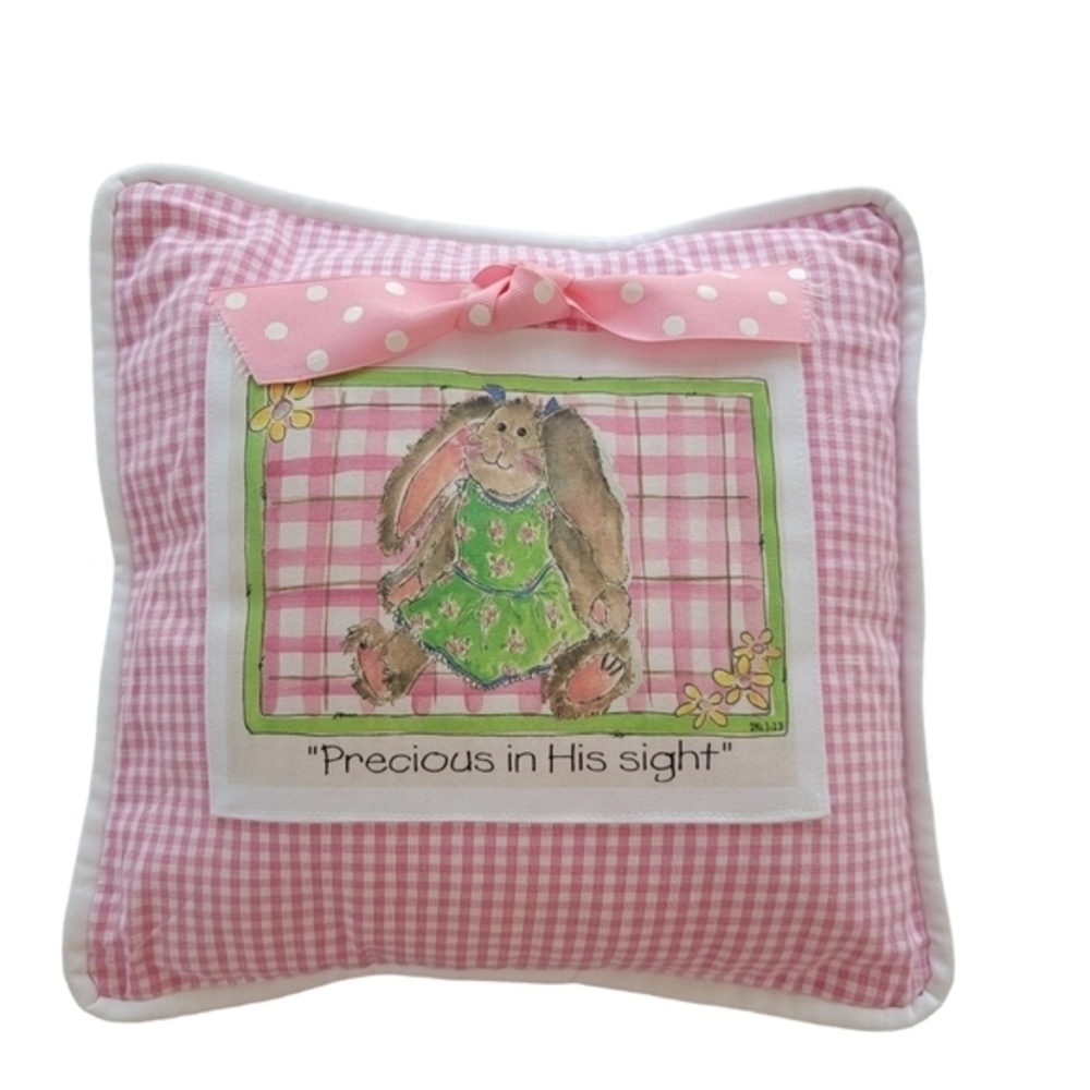 Baby Girl pillow pink white Bunny Rabbit precious in his sight 12 by 12 inches